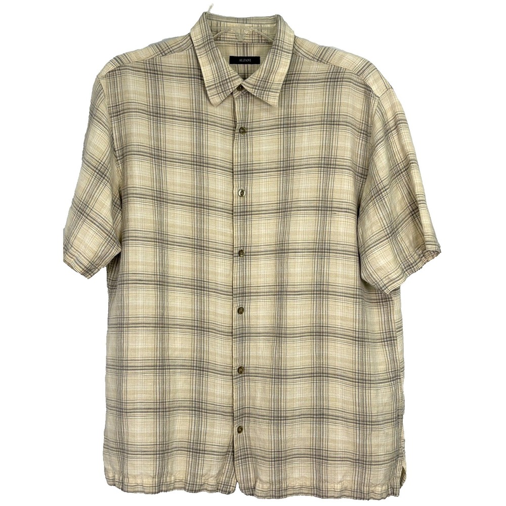ALFANI Button-Up Shirt Men's Kettle Gray Plaid Short Sleeve Linen/Rayon Mix LG